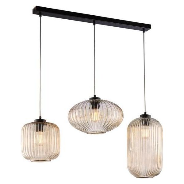 Glamour Binario In Ferro Laccato Nero Con Cavi Elettrici Regolabili E Diffusori In Vetro Soffiato Ambra Con Dec. Rigatura In Rilievo 3 Luci-image