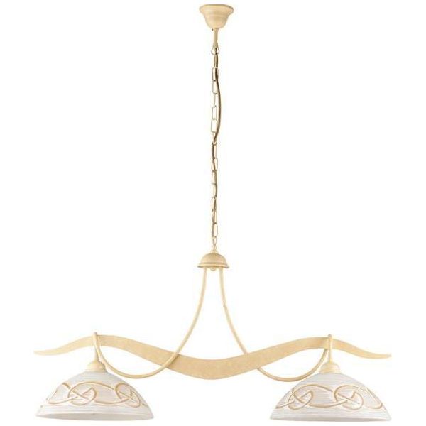 Bilbao - Lampadario In Ferro Laccato Avorio Con Decoraz. Effetto Decapè E Diffusori In Vetro D. 30 Bianchi E Ambra 2 Luci L. 89 X 30-image