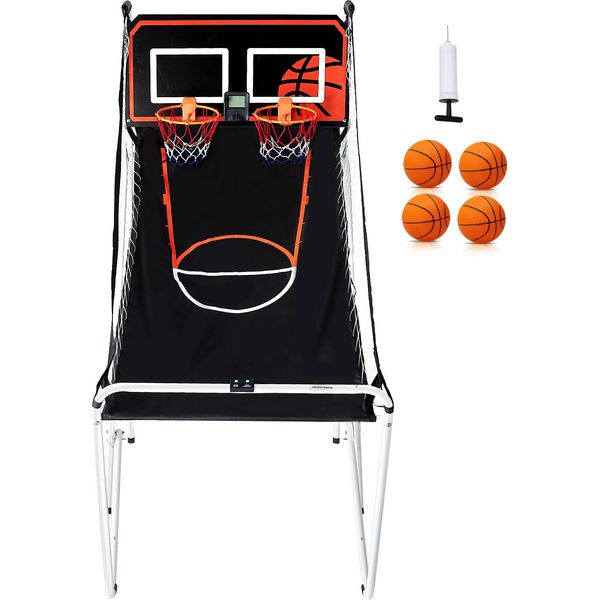 Succebuy Gioco Arcade Di Basket Pieghevole, Sport Indoor Per 2 Giocatori, 4 Palloni, 8 Modalità, Tabellone Elettronico Lcd, Pompa Di Gonfiaggio, Per Bambini E Adulti (Bianco E Nero)-image