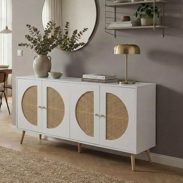 Credenza HWC-P49, Armadio Cassettiera Con Ante, Credenza, Vani Portaoggetti, Polyrattan Mdf Melaminico 80X160X40 Cm ~ Bianco-image