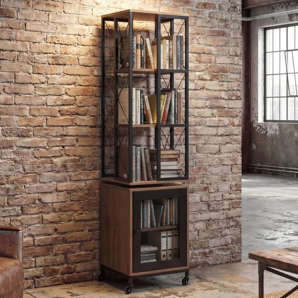 Libreria HWC-P13, Scaffale Fisso Scaffale Girevole, Rotelle Girevoli Porta, Metallo Industriale Melamina Mvg 162X40X42Cm ~ Marrone-image