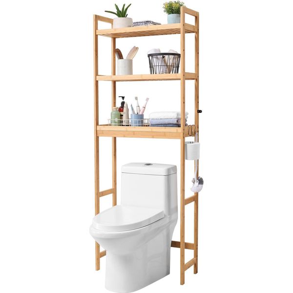 Succebuy Scaffale Portaoggetti A 3 Livelli Sopra Il Wc, Organizzatore Regolabile Per Il Bagno In Bambù Con 3 Ganci, Salvaspazio Indipendente Per La Biancheria, Adatto Alla Maggior Parte Dei Wc, Facile Da Montare-image