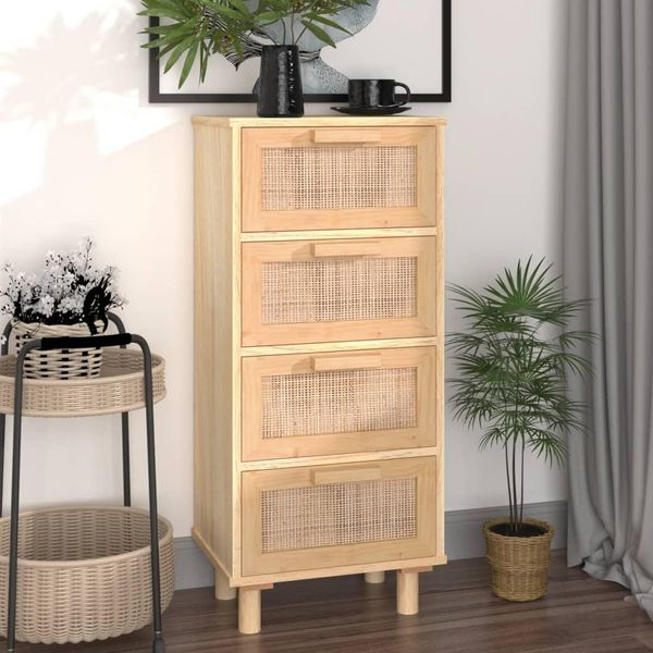 The Living Store Credenza Marrone 40X30X90 Cm In Pino Massiccio E Rattan Naturale-image