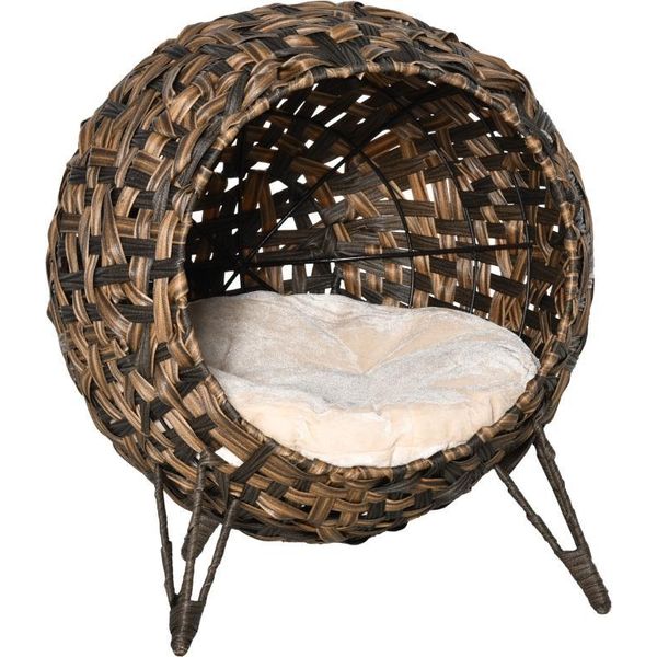Fortuna Lai Casa Per Gatti In Rattan Con Cuscino Cuccia Per Gatti Con Piedini Rialzati Marrone Ø52 X 58 Cm-image