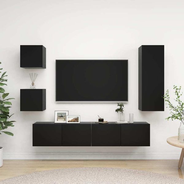 Maison Exclusive - Set Di Mobili Porta Tv 5 Pz Nero In Legno Multistrato-image