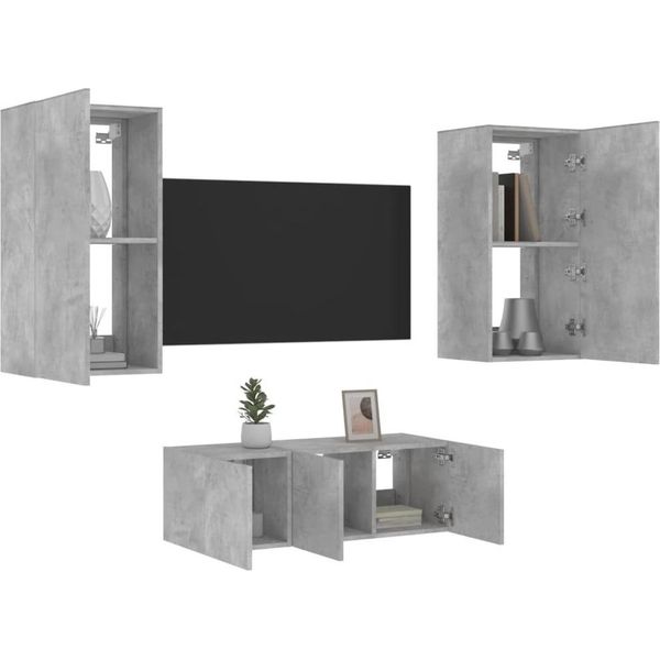 Maison Exclusive - Mobili Tv A Muro Con Led 4Pz Grigio Cemento Legno Multistrato-image