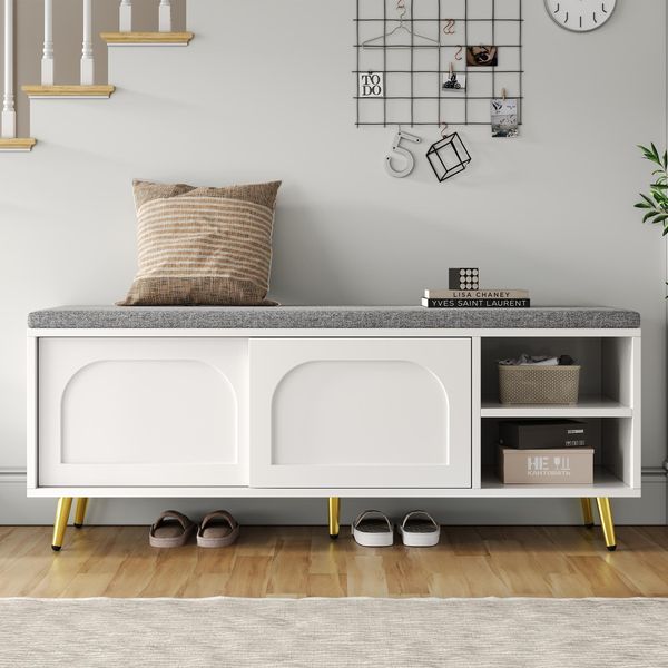 Fortuna Lai Panca Porta Scarpe, Scaffale Porta Scarpe Con Panca Panca Con Cuscino Panca Porta Scarpe Con Spazio Contenitore Panca Guardaroba, Bianco, Dimensioni: L 121 × P 35 × A 49 Cm-image