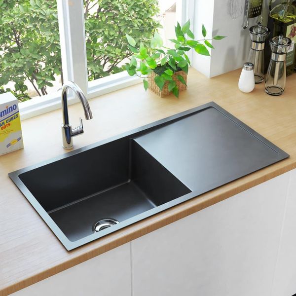 The Living Store Lavello Da Cucina A Mano In Acciaio Inox Nero-image