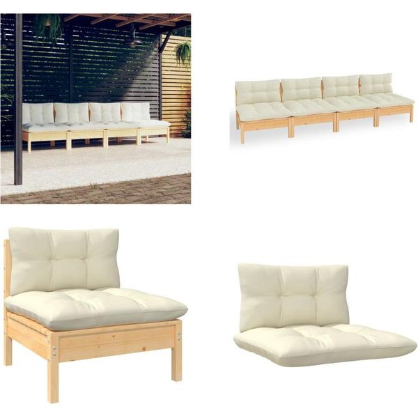 Vidaxl Divano Da Giardino A 4 Posti Con Cuscini Crema In Pino Massiccio - Divano Da Giardino A 4 Posti - Divano Da Giardino A 4 Posti - Divano Da Centro - Divani Da Centro-image