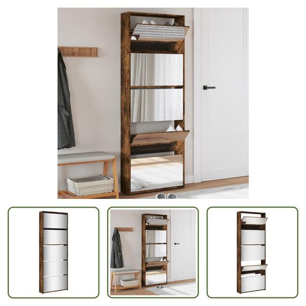 The Living Store Scarpiera Con Specchio 5 Scomparti Rovere Fumé 63X17X169,5 Cm-image
