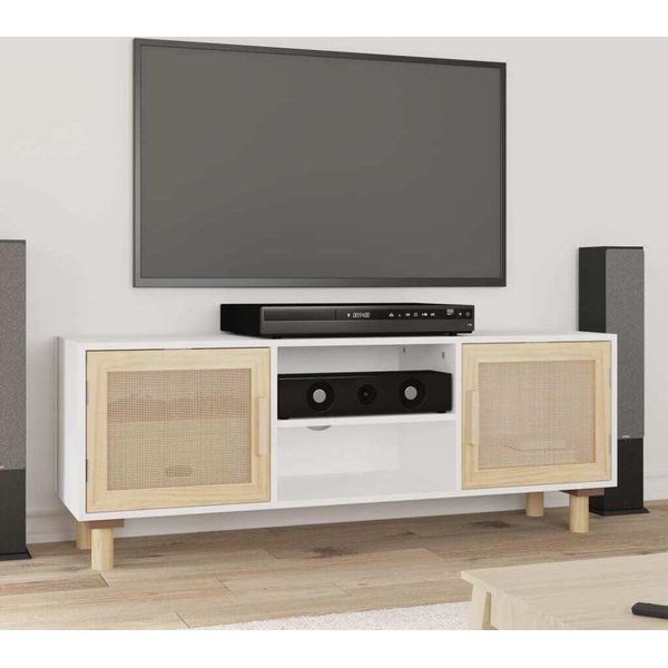 The Living Store Mobile Tv Bianco 105X30X40 Cm Legno Massiccio Pino Naturale Rattan-image