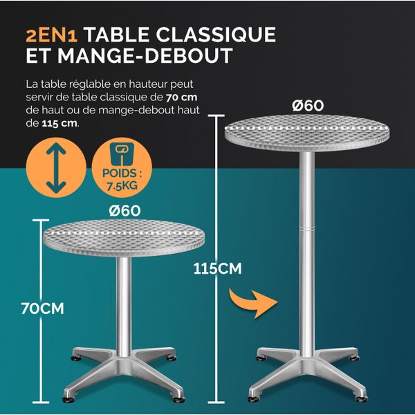Casaria Set Di 2 Tavoli Da Bar Pieghevole Regolabile 70Cm / 115Cm Alluminio Rotondo Ø 60Cm Tavolo Giardino Bistrot-image