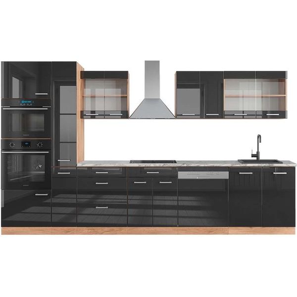 Vicco Cucina Componibile R-Line, 350 Cm Con Armadio Alto, Pt Marmo, Antracite Lucido/Oro Power Oak-image