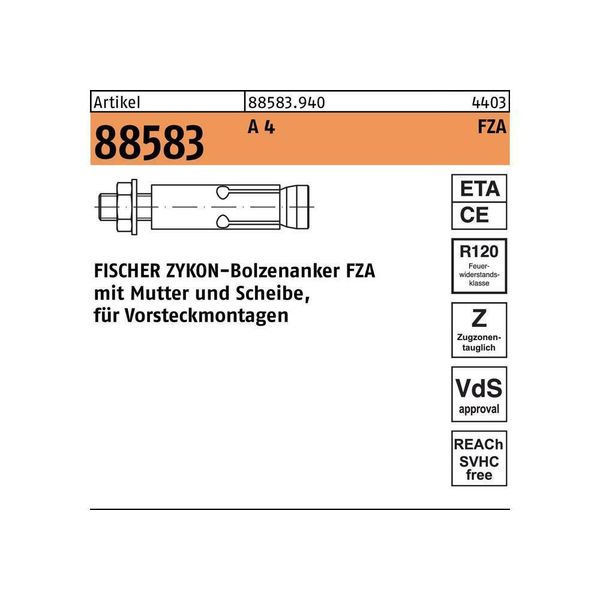 Fischer Zykon Bullone Di Ancoraggio Fza 22X100 M16/60 A4 10 Pz-image