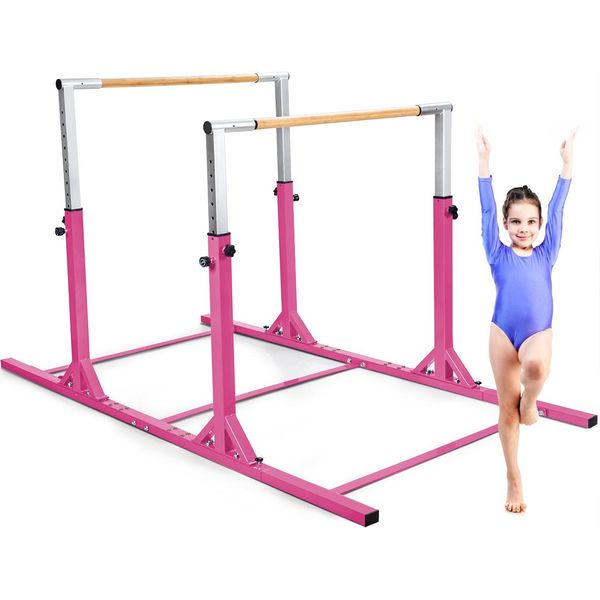 Parallele Da Ginnastica Costway, Parallele Da Ginnastica Regolabili In Altezza E Larghezza, Barra Orizzontale Con Portata Fino A 100 Kg, Barre Di Allenamento Per Bambini Dai 6 Ai 12 Anni Pink-image