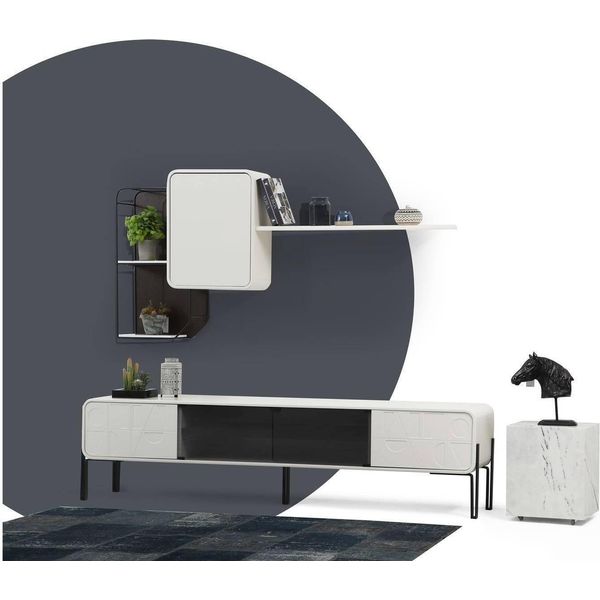 Parete Attrezzata Rtv Scaffali Bassi Mobile Porta Tv Set Legno Moderno Bianco-image