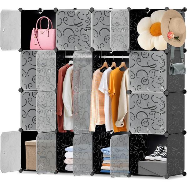 Aopunly Sistema Di Scaffalatura Guardaroba Fai Da Te Scarpiera 16 Cubi Di Plastica Appendiabiti, 140X140X35Cm Bianco E Nero-image