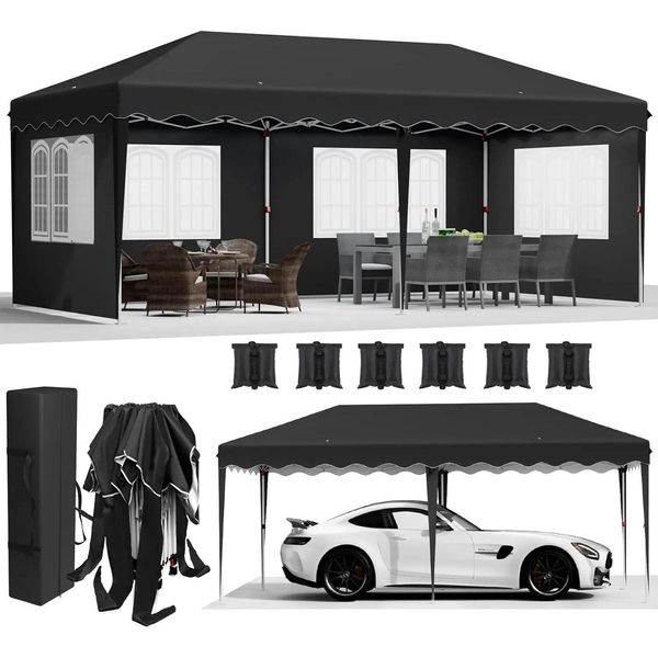 Tenda Gazebo Pieghevole Per Feste - Pop Up 3X6 M - Montaggio Rapido Con Un Solo Gesto - Struttura In Alluminio - Hdpe, Rivestimento Inpoliuretano- Impermeabile - 4 Pareti Laterali - Nero-image