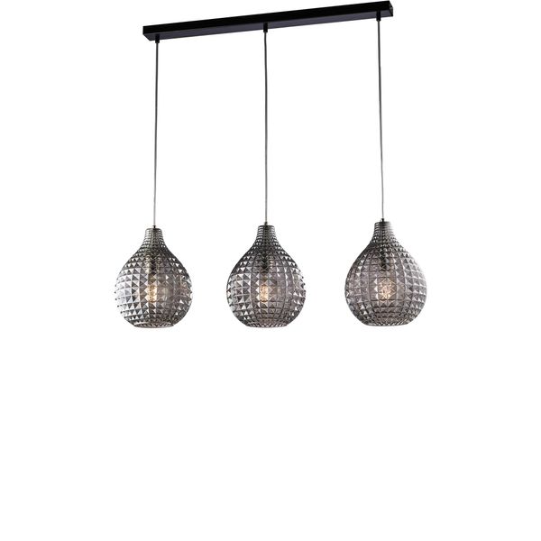 Diamante Binario In Ferro Nero E Montatura Cromo Con Cavi Regolabili E Diffusori In Vetro Soffiato Grigio Specchiato Con Dec. Effetto Cristallo 3 Luci-image