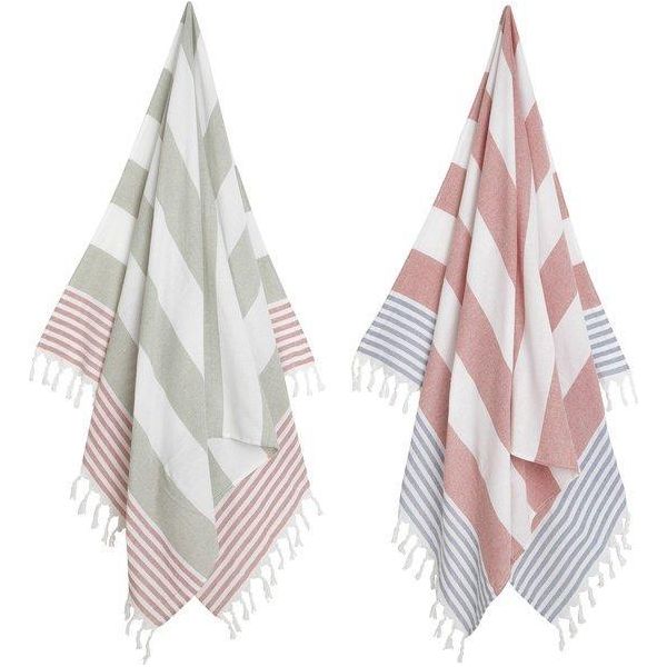 2X Asciugamano Hammam Xl - Combi - Grigio/Rosso/Blu - Asciugamano Da Spiaggia - Cotone - Piscina - Sciarpa - Asciugamano Da Bagno - Yoga - Strisce - 100 X 180 Cm-image