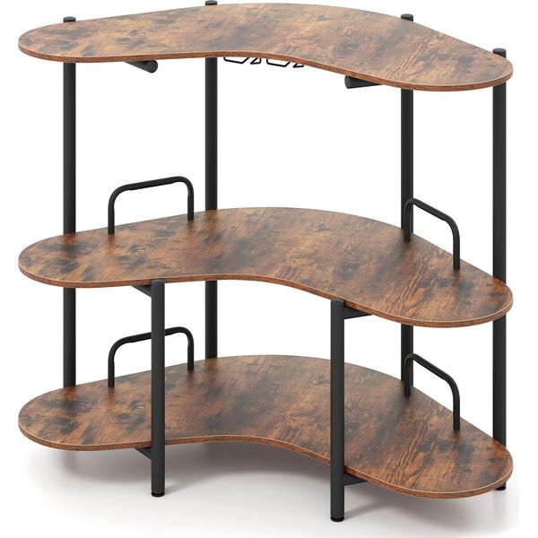 Costway - Home Bar A 3 Livelli, Tavolo Per Liquori Con Portabicchieri E Ripiani Di Stoccaggio, Minibar Industriale Con Struttura In Metallo, Mobile Wine Bar Angolare Marrone-image