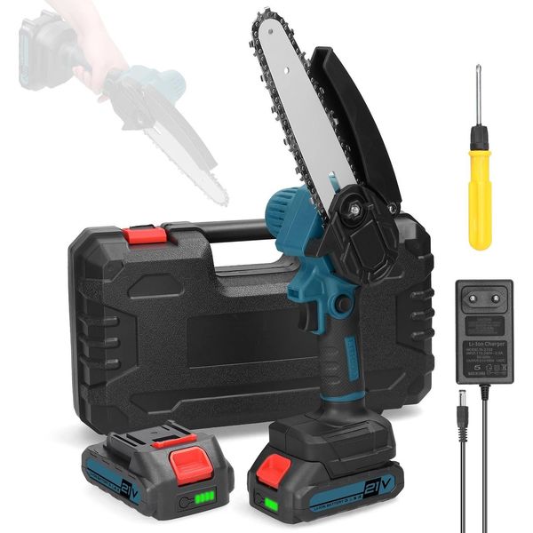 Mini Motosega - Seghetto A Batteria 21 V - Lama Da 15 Cm - Comando Con Una Sola Mano - Motore A Spazzole - Con Batteria - Blu Scuro-image