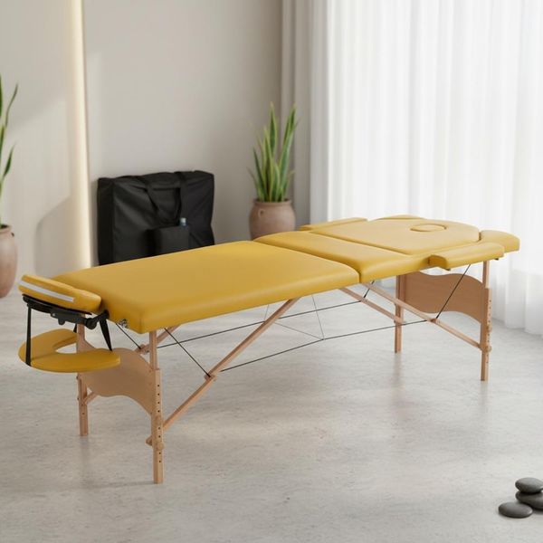 Lettino Da Massaggio A 3 Zone In Legno Giallo Lettino Terapeutico Tavolo Cosmetico Pieghevole Mobile Trasportabile-image