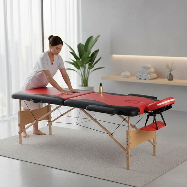 Lettino Da Massaggio A 2 Zone In Legno Rosso/Nero Lettino Terapeutico Tavolo Cosmetico Mobile Pieghevole-image