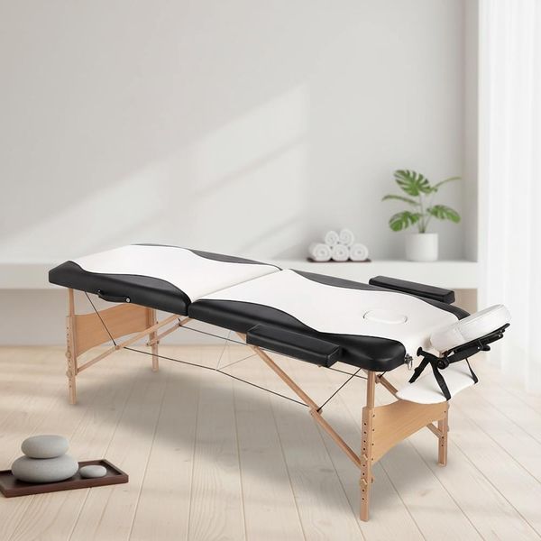 Lettino Da Massaggio A 2 Zone In Legno Bianco/Nero Lettino Terapeutico Tavolo Cosmetico Mobile Pieghevole-image