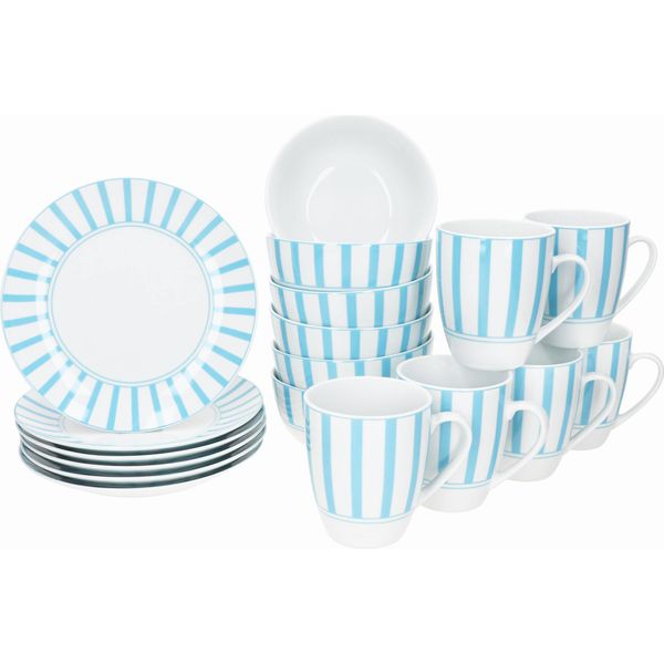Set Da Colazione Split Turchese 18 Pezzi Piatti Ciotole Tazze A Righe-image