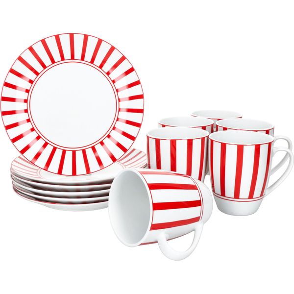 Split Rosso Set Da Colazione 12 Pezzi Porcellana Piatti A Righe Tazze-image