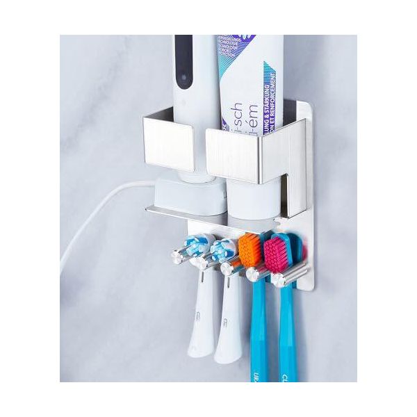 Portaspazzolino Da Parete, Supporto, Elettrico Senza Fori, Dispenser Di Dentifricio In Acciaio Inox Testa-image