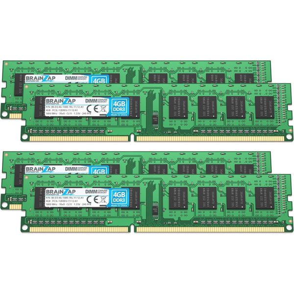 Brainzap 16GB DDR3 Ram Dimm PC3L-12800U-11-12-A1 1Rx8 1600 Mhz 1.35V CL11 Computer Pc Memory (4X 4GB)-image