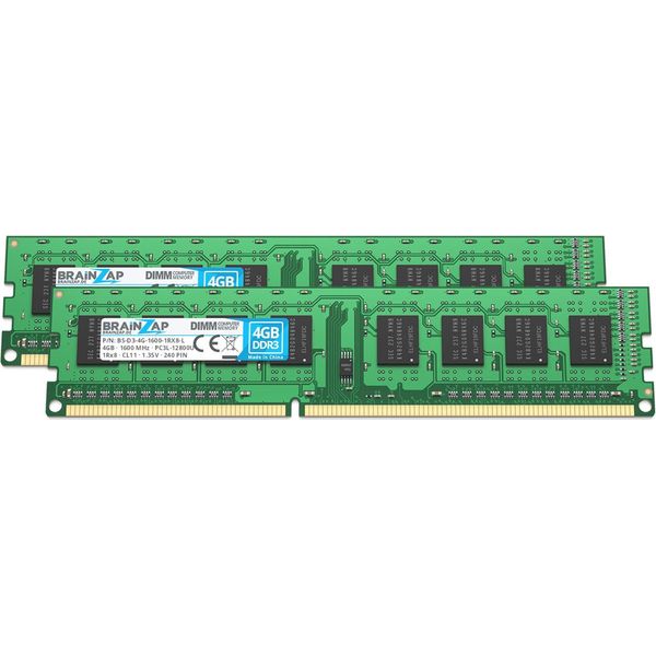 Brainzap 8GB DDR3 Ram Dimm PC3L-12800U 1Rx8 1600 Mhz 1.35V CL11 Computer Pc Memory (2X 4GB)-image