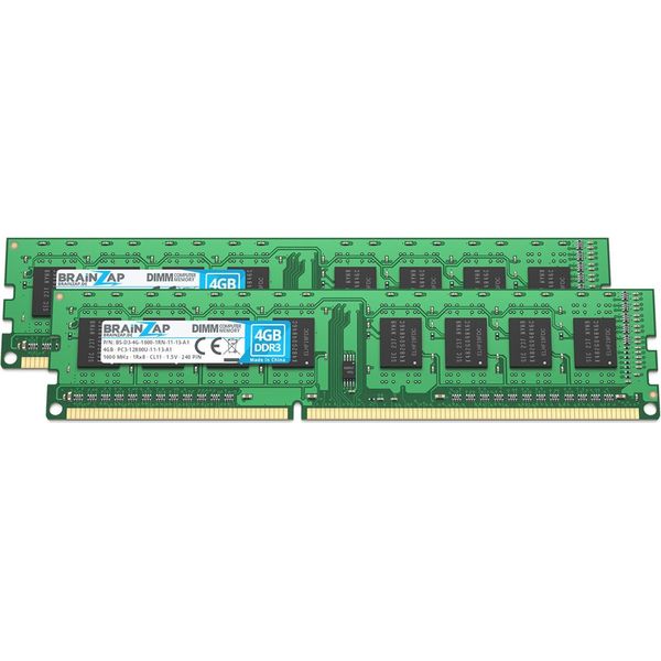 Brainzap 8GB DDR3 Ram Dimm PC3-12800U-11-13-A1 1Rx8 1600 Mhz 1.5V CL11 Computer Pc Memory (2X 4GB)-image