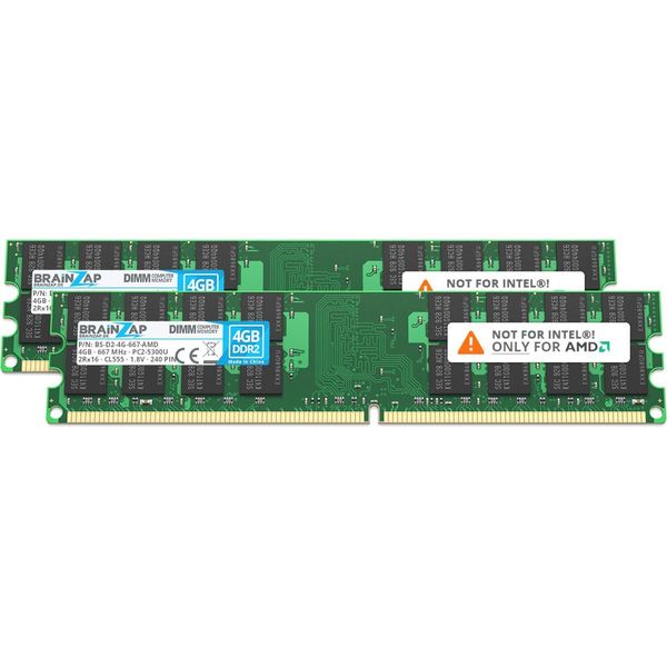 Brainzap 8GB DDR2 Ram Dimm PC2-5300U 2Rx16 800 Mhz 1.8V CL5 Amd Pc Memory (2X 4GB)-image