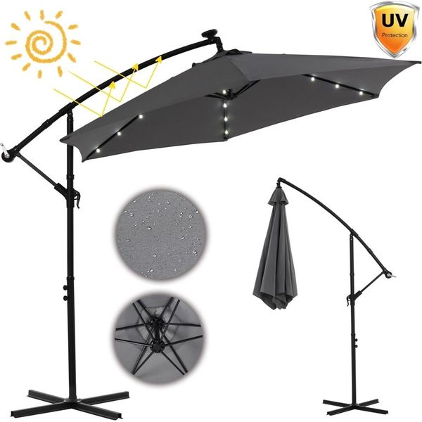 Ombrellone A Palo Centrale ⌀3,0M Grigio Con Protezione Solare A Led Manovella Ombrellone Solare Da Giardino-image