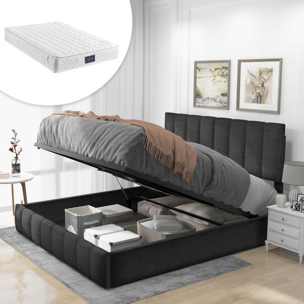 Letto A Molle Idrauliche Merax 140X200Cm Con Rete, Letto Matrimoniale In Lino Con Materasso A Molle, Letto Imbottito Con Rete A Doghe E Contenitore, Grigio-image