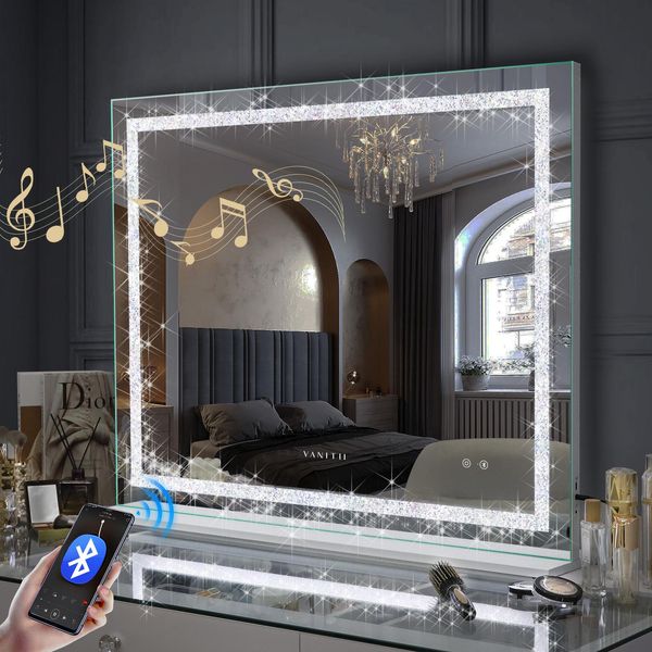 Vanitii Hollywood Specchio Per Il Trucco 100Cm X 80Cm Con Illuminazione A Led 3 Modalità Di Luce Cristalli Specchio Per Il Trucco Bluetooth Per Il Bagno Tavolo Da Toilette Bianco-image