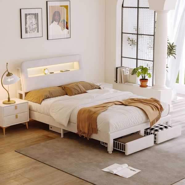 Letto Imbottito Unboxg 160×200 Cm In Beige, Velluto - Letto Contenitore Con Illuminazione A Led, Porta Usb E Cassetti-image