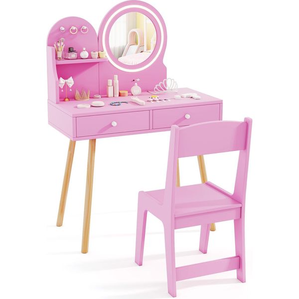 Costway Tavolo Da Trucco Per Bambini Con Illuminazione, Tavolo Da Toeletta 2 In 1 Con Specchio, 2 Cassetti, Ripiano E 3 Ganci, Comò Da Trucco Per Bambine Dai 3 Anni In Su, Rosa-image
