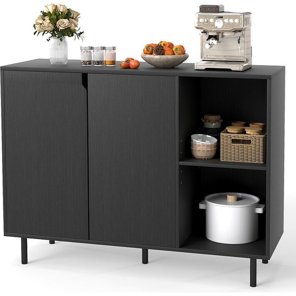 Costway Credenza In Legno, Cassettiera Con 4 Scomparti E 2 Ante, Credenza, Mobile Da Cucina, Ripiani, Armadio Moderno, 106X38X80 Cm, Nero-image