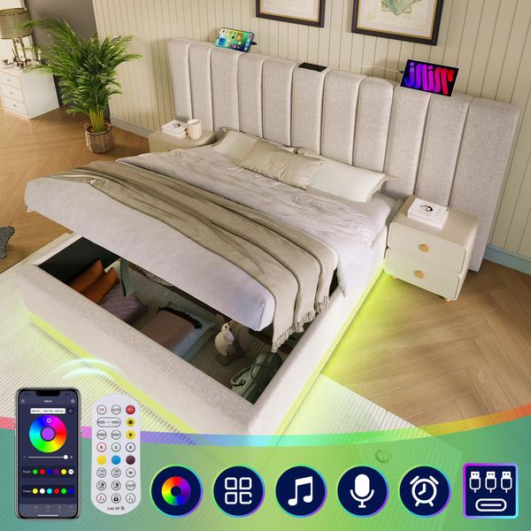 Letto Imbottito 180×200, Letto Matrimoniale Contenitore Con Led, Rete A Doghe, Lino, Beige, Senza Materasso E Comodino-image