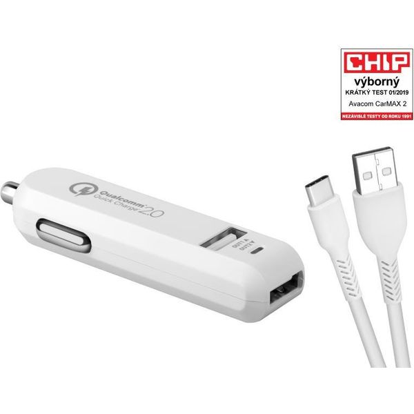 Avacom Carmax 2 Automobilinis Krovimas 2X Qualcomm Quick Charge 2.0, Baltas (USB-C Kabelis)-image