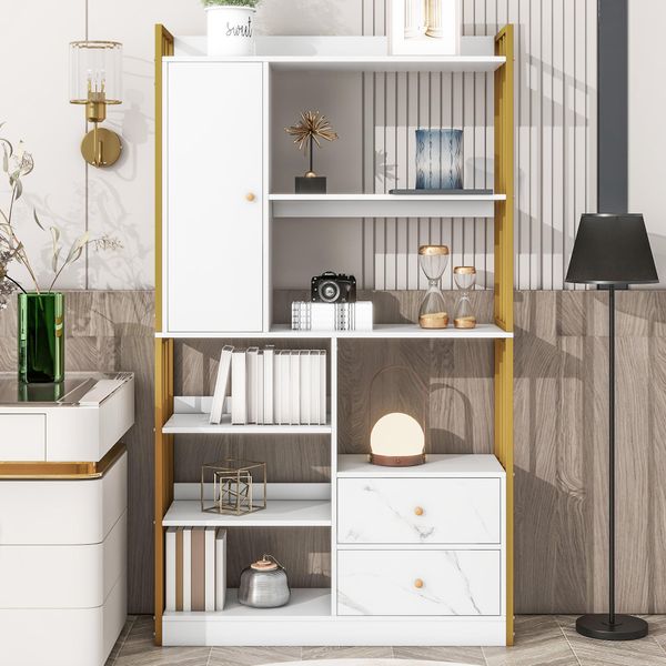 Flieks Libreria Scaffale Per Ufficio Con 5 Livelli, Scaffale In Piedi Con Porta E 2 Cassetti, Scaffale Per Ufficio Scaffale Per Soggiorno, Bianco-image