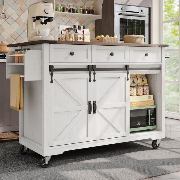 Isola Da Cucina Sweiko, Carrello Di Servizio Con Piano Di Lavoro Estraibile, Carrello Da Cucina Su Rotelle, Mobile Da Cucina Con 2 Ante Scorrevoli E 3 Cassetti, Carrello Da Pranzo Con Venature Del Legno, Mobile Da Cucina-image