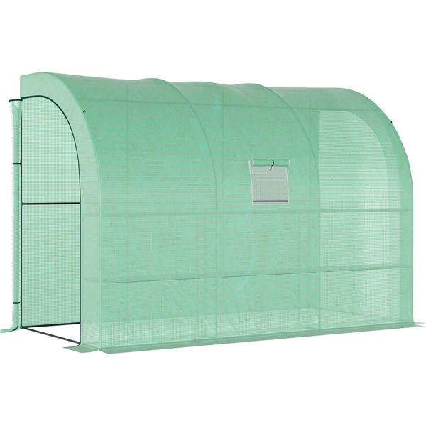 Serra Outsunny Con Finestra A Ripiani, Serra In Pellicola D'acciaio Resistente All'inverno, Serra A Muro Per Balcone, Giardino, Casa Del Pomodoro 300X150X213Cm Serra Del Pomodoro Per Ortaggi Fiori Piante Verde-image