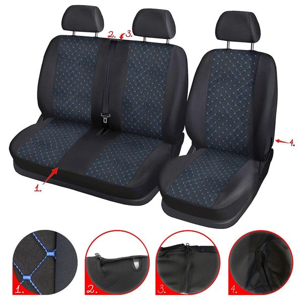 Coprisedili Per Autobus 2+1 Per Vw Transporter T5 2003-2015 Coprisedili In Tessuto Poliestere Blu-image