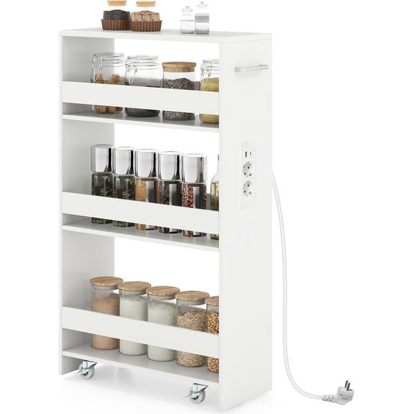 Costway Carrello Da Nicchia 20 Cm, Carrello Da Cucina Stretto A 4 Ripiani Con Stazione Di Ricarica, Scaffale Da Nicchia, Carrello Di Servizio Con Maniglia E Ringhiere, Scaffale Da Bagno In Legno, Bianco-image