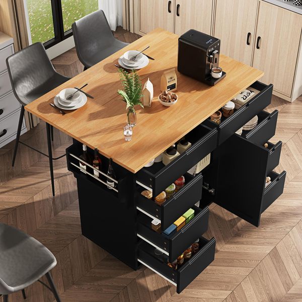 Sweiko Isola Da Cucina Moderna, Mobile Da Cucina, Carrello Da Cucina Allungabile Con Rotelle E Piano Di Lavoro, Carrello Di Servizio Con Portaspezie E 8 Cassetti, Nero-image
